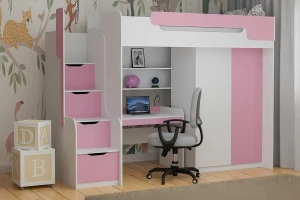 ARTHUR 90x200 Wit + Roze Hoogslaper Functioneel Bed met Bureau, Kast en Trap Kinder Meubels