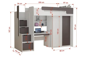 ARTHUR 90x200 Wit + Roze Hoogslaper Functioneel Bed met Bureau, Kast en Trap Kinder Meubels
