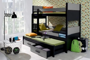 AUGUSTIN 90x200 Wengé + Antraciet Stapelbed Uitschuifbed met Lades Kinder Meubels