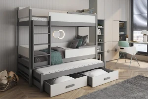 CONNOR 90x200 Grijs + Wit Stapelbed Uitschuifbed met Lades Kinder Meubels