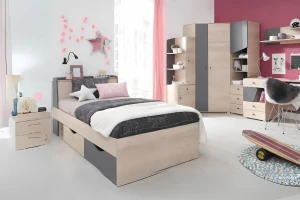 DARLA D14 90x200 Eik + Grafiet Kinderbed Eenpersoonsbed met Lades Kinder Meubels