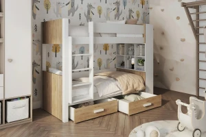 GEORG 90x200 Wit + Eik Goud Stapelbed voor 2 Kinderen met Laden Kinder Meubels