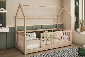 GINA 90x200 Grenen Huisbed Eenpersoonsbed Kinderbed Vloerbed van Massief Hout Kinder Meubels