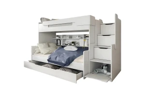 HANNA 90x200/120x200 Wit Stapelbed Functioneel Bed met Trap Kinder Meubels