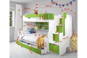 HANNA 90x200/120x200 Wit + Blauw Stapelbed Functioneel Bed met Trap Kinder Meubels