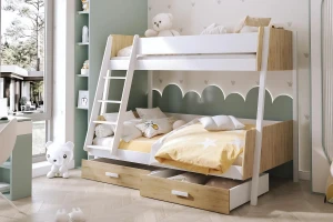 MATTHIAS 90x200 Wit + Eik Schetland Stapelbed met Laden Kinder Meubels