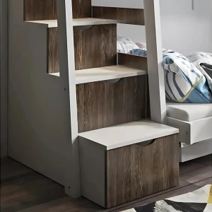 MAYA 90x200/120x200 Wit + Walnoot Stapelbed met Trap en Laden Kinder Meubels