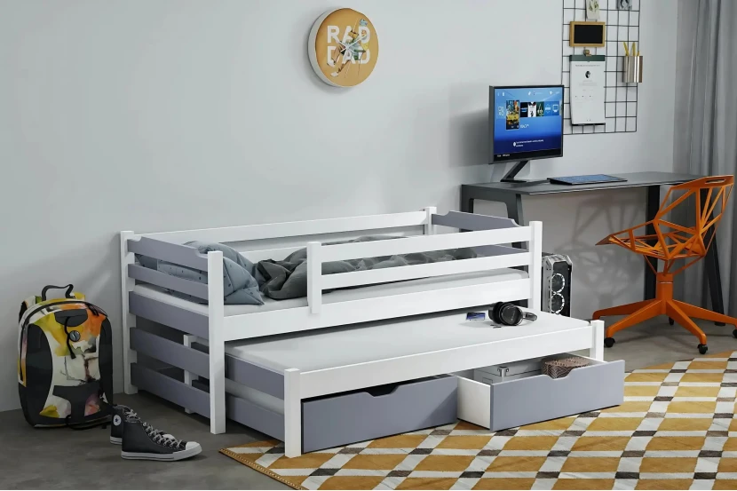 MIKE 90x200 Wit + Grijs Kinderbed Uitschuifbed met Laden Kinder Meubels