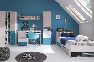 PETRA P14 90x200 Wit + Eik + Turquoise Kinderbed Eenpersoonsbed met Laden Kinder Meubels
