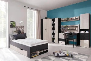 PETRA P14 90x200 Zwart + Eik + Beige Kinderbed Eenpersoonsbed met Laden Kinder Meubels