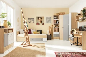 POKO 14 90x200 Sonoma Eik + Wit Mat Lux + Grijs Kinderbed Jeugdbed Eenpersoonsbed Kinder Meubels