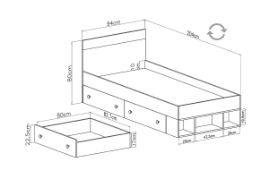 POKO 14 90x200 Sonoma Eik + Wit Mat Lux + Grijs Kinderbed Jeugdbed Eenpersoonsbed Kinder Meubels