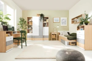 POKO 15 120x200 Sonoma Eik + Wit Mat Lux + Grijs Kinderbed Jeugdbed Eenpersoonsbed Kinder Meubels