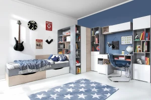 SIMON S15 90x200 Wit + Grijs + Eik Kinderbed Eenpersoonsbed met Laden Kinder Meubels