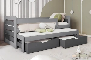 TED 90x200 Grijs + Grafiet Kinderbed Uitschuifbed met Laden Kinder Meubels