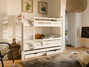 LEON fabrieksnieuw 90x200 Wit stapelbed met uitschuifbed voor 3 kinderen met lades