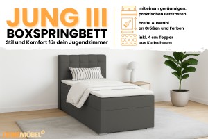 JUNG 3 90x200 Kronos 34 Antraciet boxspringbed gestoffeerd bed compleetbed Kinder Meubels 24