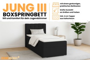 JUNG 3 90x200 Kronos 7 Zwart boxspringbed gestoffeerd bed compleetbed Kinder Meubels 24