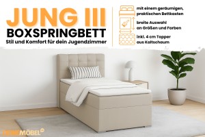 JUNG 3 90x200 Paros 2 Beige boxspringbed gestoffeerd bed compleetbed Kinder Meubels 24