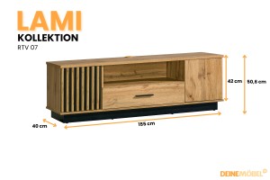 LAMI 07 TV-meubel 155 cm in Wotan Eik/Mat Zwart/Lamellen