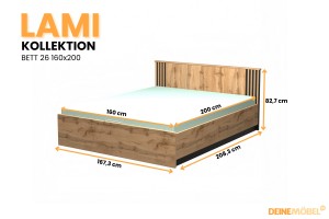 LAMI 26 tweepersoonsbed 160x200 cm in Wotan eik met zwarte lamellen