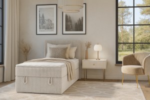 DENIS MINI 120x200 Cord Poso 100 Ecru boxspringbed met opbergruimte en een doorlopende matras Kinder Meubels 24