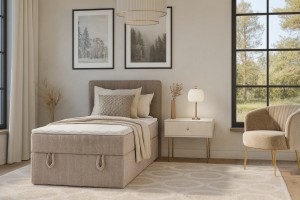 DENIS MINI 100x200 Cord Poso 02 Beige boxspringbed met opbergruimte en een doorlopende matras Kinder Meubels 24