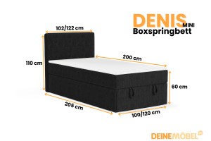 DENIS MINI 120x200 Cord Poso 135 Zwart boxspringbed met opbergruimte en een doorlopende matras Kinder Meubels 24