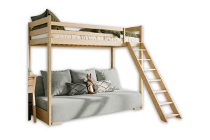 SIDNEY 90x200/140x200 Natuurlijk Grenenhout Hoogslaper met uitschuifbare Bank in Groenig grijs Stof zoom 15 sage Kinder Meubels