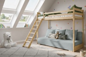 SIDNEY 90x200/140x200 Natuurlijk Grenenhout Hoogslaper met uitschuifbare Bank in Groenig grijs Stof zoom 15 sage Kinder Meubels