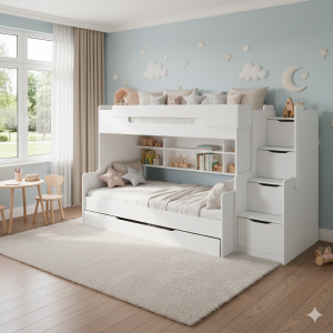 HANNA 90x200/120x200 Wit Stapelbed Functioneel Bed met Trap Kinder Meubels