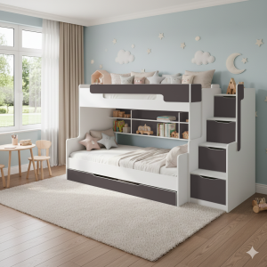 HANNA 2-persoons Stapelbed Hoogskaper met Trappen wit/grafiet Kinder Meubels 24