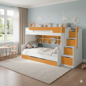HANNA 90x200/120x200 Wit + Oranje Stapelbed Functioneel Bed met Trap Kinder Meubels