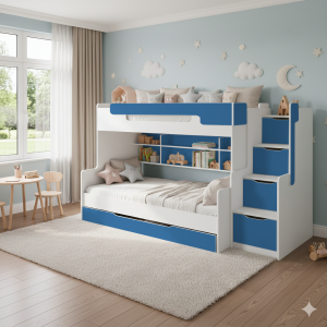 HANNA 90x200/120x200 Wit + Blauw Stapelbed Functioneel Bed met Trap Kinder Meubels
