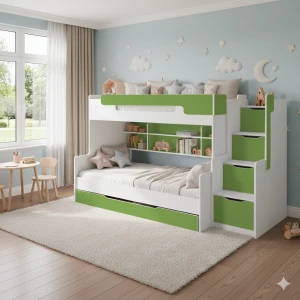 HANNA 90x200/120x200 Wit + Groen Stapelbed Functioneel Bed met Trap Kinder Meubels