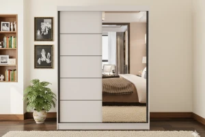 VELMA 05 kledingkast 150 cm grote schuifdeurkast met spiegel, moderne slaapkamerkast in mat wit, kasjmiergrijs en eiken Sonoma, met veel opbergruimte kinder meubels 24