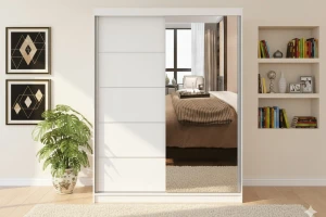 VELMA 05 kledingkast 150 cm grote schuifdeurkast met spiegel, moderne slaapkamerkast in mat wit, kasjmiergrijs en eiken Sonoma, met veel opbergruimte kinder meubels 24