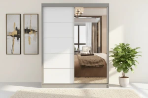 VELMA 05 kledingkast 150 cm grote schuifdeurkast met spiegel, moderne slaapkamerkast in mat wit, kasjmiergrijs en eiken Sonoma, met veel opbergruimte kinder meubels 24