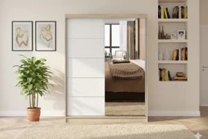 VELMA 05 kledingkast 150 cm grote schuifdeurkast met spiegel, moderne slaapkamerkast in mat wit, kasjmiergrijs en eiken Sonoma, met veel opbergruimte kinder meubels 24