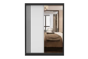 VELMA 07 kledingkast 150 cm met spiegel, grote schuifdeurkast met spiegel, moderne slaapkamerkast in mat wit, zwart, grijs en eiken Sonoma, met veel opbergruimte kinder meubels 24