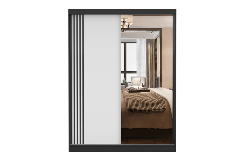 VELMA 07 kledingkast 150 cm met spiegel, grote schuifdeurkast met spiegel, moderne slaapkamerkast in mat wit, zwart, grijs en eiken Sonoma, met veel opbergruimte kinder meubels 24