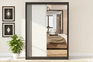 VELMA 07 kledingkast 150 cm met spiegel, grote schuifdeurkast met spiegel, moderne slaapkamerkast in mat wit, zwart, grijs en eiken Sonoma, met veel opbergruimte kinder meubels 24