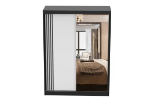 VELMA 07 kledingkast 150 cm met spiegel, grote schuifdeurkast met spiegel, moderne slaapkamerkast in mat wit, zwart, grijs en eiken Sonoma, met veel opbergruimte kinder meubels 24