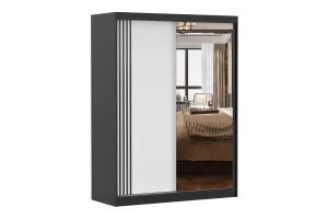 VELMA 07 kledingkast 150 cm met spiegel, grote schuifdeurkast met spiegel, moderne slaapkamerkast in mat wit, zwart, grijs en eiken Sonoma, met veel opbergruimte kinder meubels 24