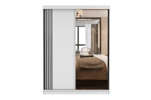 VELMA 07 kledingkast 150 cm met spiegel, grote schuifdeurkast met spiegel, moderne slaapkamerkast in mat wit, zwart, grijs en eiken Sonoma, met veel opbergruimte kinder meubels 24