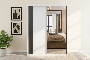 VELMA 07 kledingkast 150 cm met spiegel, grote schuifdeurkast met spiegel, moderne slaapkamerkast in mat wit, zwart, grijs en eiken Sonoma, met veel opbergruimte kinder meubels 24