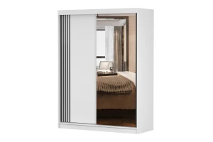 VELMA 07 kledingkast 150 cm met spiegel, grote schuifdeurkast met spiegel, moderne slaapkamerkast in mat wit, zwart, grijs en eiken Sonoma, met veel opbergruimte kinder meubels 24