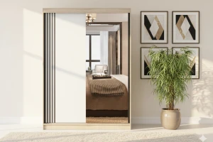 VELMA 07 kledingkast 150 cm met spiegel, grote schuifdeurkast met spiegel, moderne slaapkamerkast in mat wit, zwart, grijs en eiken Sonoma, met veel opbergruimte kinder meubels 24