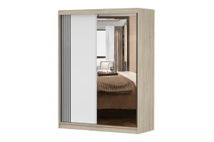 VELMA 07 kledingkast 150 cm met spiegel, grote schuifdeurkast met spiegel, moderne slaapkamerkast in mat wit, zwart, grijs en eiken Sonoma, met veel opbergruimte kinder meubels 24