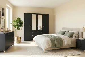 SEATTLE nachtkastje met 2 laden, goudkleurige grepen en metalen poten, in mat zwart of mat wit kinder meubels 24